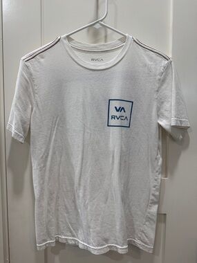 RVCA White Short Sleeve Tee with Blue Chest Logo